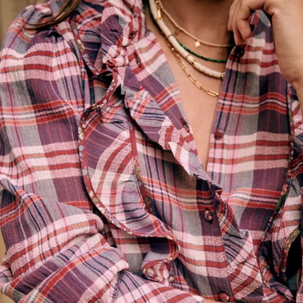 Sezane Pink and Purple Plaid Ruffled Blouse - Picture 2 of 5